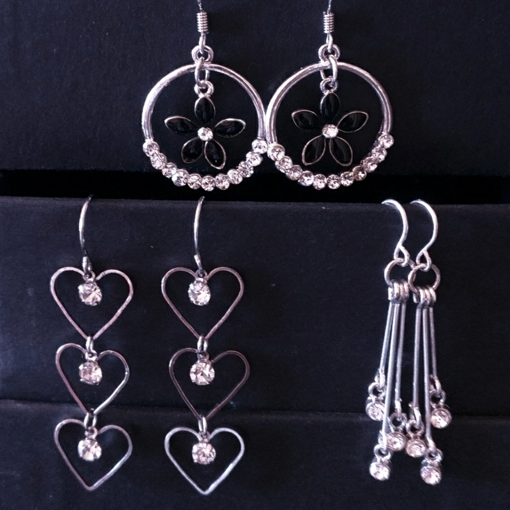 NWOT Set of 3 Pairs of Silver Jeweled Drop Earrings